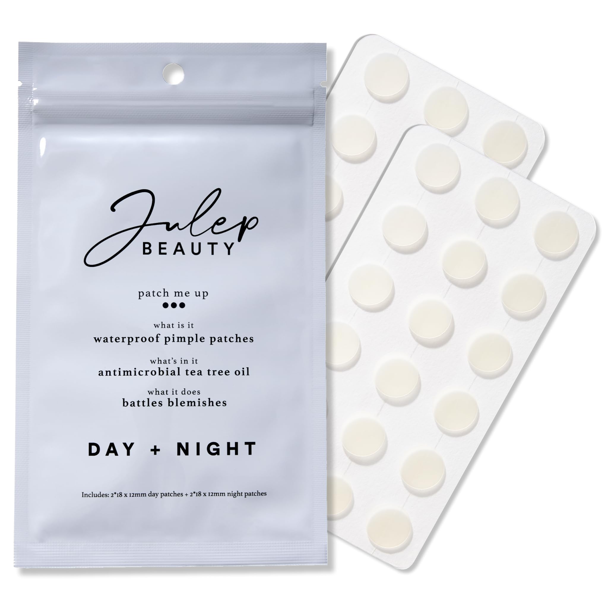 Julep Patch Me Up Waterproof Pimple Patches – 72 Hydrocolloid Acne Patches with Tea Tree Oil, Ultra-Thin Day & Potent Night, Reduces Blemishes & Scarring – 48 8mm & 24 12mm Patches